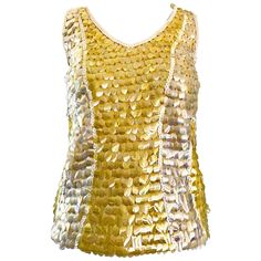 Chic vintage 1960s yellow, white and clear paillettes and sequin encrusted sleeveless lamb's wool sweater top! Features hundreds of hand-sewn sequins and paillettes throughout. Super soft luxurious lamb's wool, and fully lined in rayon. Full metal zipper up the back with hook-and-eye closure. Can easily be dressed up or down. Great with jeans, shorts, trousers or a skirt. In great condition. Made in British Hong Kong Approximately Size Medium Measurements: (has some stretch) 34-36 inch bust 32-3 Yellow Party Top With Sequins, Yellow Party Tops With Sequins, Yellow Sequined Top For Party, Yellow Embellished Party Tops, Vintage Spring Tank Top For Party, British Hong Kong, Jersey Vintage, Full Metal, Chic Vintage