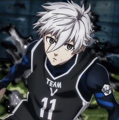 an anime character with white hair wearing a black and blue uniform