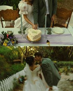 the bride and groom are cutting their wedding cake