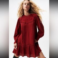 Size Xs Red Long Sleeve Embroidery Lace Cutout Personal Style Types, Robe Diy, Wrap Dress Styles, Long Sleeve Embroidered Dress, Embroidered Mini Dress, Flair Dress, Printed Tunic Dress, Waistcoat Dress, Striped Knit Dress