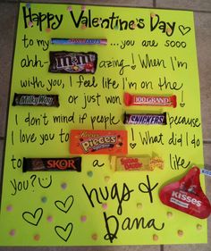 a valentine's day card with candy bars and conversation notes on yellow paper that says, happy valentine's day