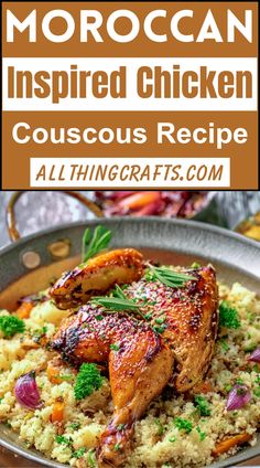 chicken and couscous recipe in a pan with text overlay