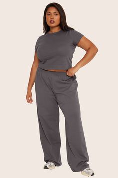 HEAVY COTTON EASY PANTS - GRAPHITE Cotton Stretch Wide Leg Pants With Ribbed Waistband, Gray Straight Cotton Pants, Gray Relaxed Fit Pants With Elastic Waistband, Gray Loungewear Pants With Ribbed Waistband, Gray Pants With Ribbed Waistband For Loungewear, Gray Ankle-length Loungewear Bottoms, Basic Gray Loungewear Pants, Cotton Wide Leg Ankle-length Pants For Lounging, Gray Straight Sweatpants With Elastic Waistband