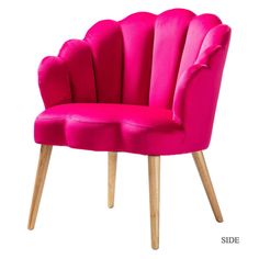 a pink chair with wooden legs on a white background