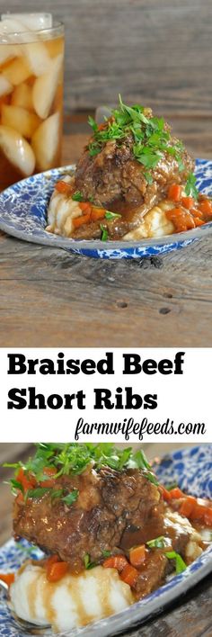 two pictures of beef short ribs with potatoes and gravy on the side, in front of a glass of beer