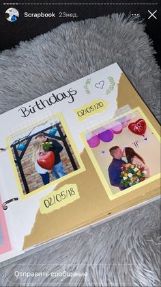 an open birthday card with two photos on the front and one in the back, sitting on a furry surface