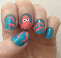 Too cute! Octopus Nail Art, Cute Simple Nails, Seasonal Nails, Nails Halloween, Beach Nails