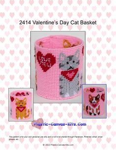 a pink knitted cup with cats and hearts on the inside is featured in this knitting pattern