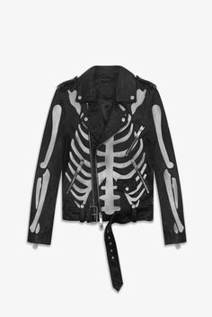 The Skeleton Deuce Biker Jacket is inspired by the original Perfecto Biker Jacket and embraces the rebellious attitude cultivated by its predecessor with an added contemporary edge. Cut in a perfected slim fit & crafted from a light weight, 100% lamb leather. Finished with signature hardware, a belted waist, should Custom Leather Jacket Men, Skeleton Leather Jacket, Skeleton Clothes, Clothes Wardrobe, Alt Clothes, Insta Outfits, Biker Gear, Valentino Fashion, Skeleton Bones