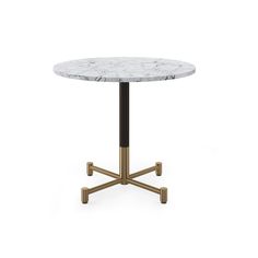 a white marble table with gold legs and a black base, on a white background