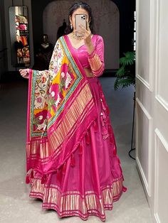 Style and design and trend would be at the peak of your splendor as soon as you dress in this pink color gaji silk lehenga. The lagdi patta work seems to be chic and great for any get-together. This pretty pink-color featured lehenga is adorned with a similar color choli with lagdi patta work and a matching color dupatta with bandhani-patola and pichwai digital print work on gaji silk material. This pink gaji silk wedding lehenga is stitched up to 42 inches and comes with fully stitched 1.20-met Banarasi Silk Sets With Gota Work For Reception, Banarasi Silk Choli With Gota Work For Reception, Reception Choli With Gota Work In Banarasi Silk, Reception Banarasi Silk Choli With Gota Work, Reception Gota Work Banarasi Silk Sets, Reception Banarasi Silk Traditional Wear With Gota Work, Fitted Lehenga With Cutdana For Traditional Ceremonies, Fitted Lehenga With Resham Embroidery For Traditional Ceremonies, Fitted Cutdana Lehenga For Traditional Ceremonies