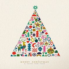 a christmas tree made up of many different types of ornaments and symbols on white paper