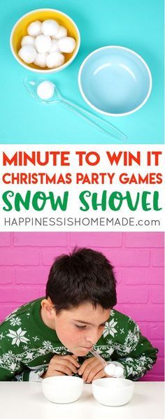 a boy sitting at a table with snow shovels in front of him and the words, minute to win it christmas party games