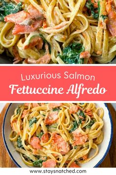 two pictures with different types of pasta in them and the words, luxurious salmon fettuccine alfredo