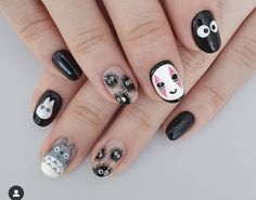 Nail Character Art, My Neighbor Totoro Nails, Miyazaki Nails, Calcifer Nails, Soot Sprite Nails, Totoro Nail Art, Cute Cat Nails, Ghibli Nail Art, Studio Ghibli Nail Art