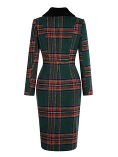 Green 1960s Plaid Fur Collar Pencil Coat – Retro Stage - Chic Vintage Dresses and Accessories Retro Green Formal Outerwear, Fitted Green Retro Outerwear, Green Fitted Retro Outerwear, Black Bolero Jacket, Retro Stage, Vintage Jumpsuit, Inside Out 2, Standard Dress, Long Sleeves Coats