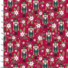 a red and green christmas pattern with nutcrackers, poinsettis and snowflakes