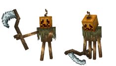 two minecraft characters with different tools in their hands