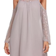 Acevog Women's Cold Shoulder Lace Chiffon Mini Patchwork Loose Casual Dress Elegant Summer Lace Chiffon Dress, Summer Evening Chiffon Dress With Lace, Chiffon Lace Evening Dress For Summer, Sheer Chiffon Cocktail Dress, Summer Chiffon Dresses With Lace Sleeves, Chiffon Party Dress With Lace Trim, Elegant Chiffon Mini Dress With Lace Trim, Elegant Flowy Lace Mini Dress, Womens Tennis Dress