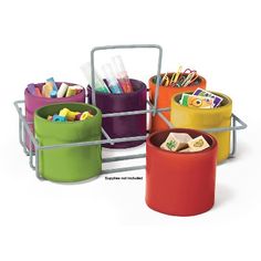 several different colored buckets with pens and pencils in them