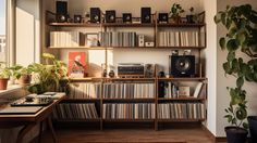 a living room filled with lots of books and audio equipment