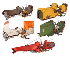 six different types of vehicles are shown in this drawing style, each with wheels and axles