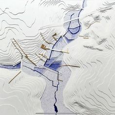 an abstract painting with lines and shapes in blue, white and grey colors on paper