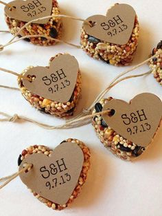 several bird seed treats are arranged in the shape of heart shaped birdseeds with tags attached to them