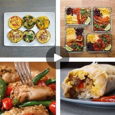 four different pictures with food in them including vegetables, meats and rice on plates