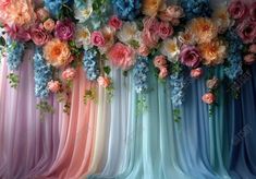 Rainbow Ombre Pastel Color Drapery With Floral Decor Backdrop - Gatsby Backdrop Bridgerton Theme Backdrop, Grandma Birthday Party Decorations, 85th Birthday Party Ideas For Grandma, Curtain Decoration Ideas For Party, Floral Decor Backdrop, Floral Theme Birthday Party, Photo Backdrop Ideas, Vintage Flower Decor, Rainbow Backdrop