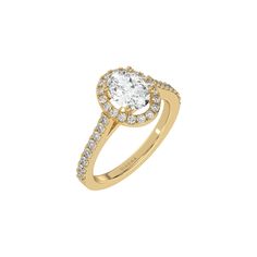 a yellow gold engagement ring with an oval cut diamond and pave set diamonds on the band