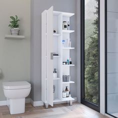 a white toilet sitting next to a wall mounted shelf filled with bottles and other items