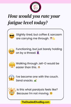 A playful infographic asking, "How would you rate your fatigue level today?" with humorous fatigue levels represented by emojis. Options include:  😎 Slightly tired, but coffee & sarcasm are carrying me through. 🥺 Functioning, but just barely holding on by a thread. 😤 Walking through Jell-O would be easier than this. 😱 I've become one with the couch. Send snacks. 🤯 Is this what paralysis feels like? Because I'm not moving. Relatable Content, Disease