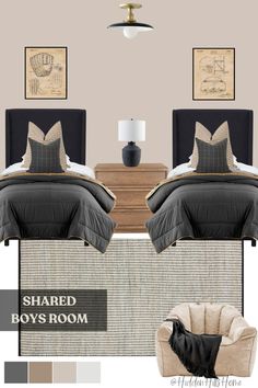 two beds with black and white bedding next to each other in front of pictures on the wall