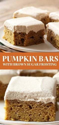 Pumpkin Bars with Brown Sugar Frosting are the perfect fall or Halloween treat! Spiced soft, moist pumpkin bars and a thick layer of brown sugar frosting will have everyone begging for seconds. The best easy homemade, from-scratch recipe that is great for a crowd. October Baked Goods, Pumpkin Bars With Cake Mix Easy, Cake Mix Pumpkin Bars, Pumpkin Bars With Cream Cheese Frosting, Pumpkin Pie Bars Easy, Pumpkin Cake Bars, Fall Desserts For A Crowd, Easy Pumpkin Desserts, Autumnal Recipes