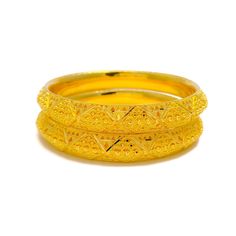 This pair of bangles is crafted from 22k gold, weighing a substantial 57.1 grams, and features a stunning yellow gold finish. Each bangle is sized at 2.8 inches with a 2.5-inch diameter, showcasing bold striped detailing that offers a look of extravagance and striking elegance. These bangles are not openable, which enhances their sleek and seamless silhouette. Ideal for those seeking to make a powerful fashion statement, this pair adds a touch of opulence and style to any ensemble, perfect for s 22k Gold Round Bangle, 22k Gold Round Bangle For Formal Occasions, 22k Gold Bangle For Formal Occasions, Festival Yellow Gold Plated Bangle, Formal 22k Gold Round Bangle, Festive 22k Gold Bangle, Festive Yellow Gold Round Bangle, Festive Yellow Gold Bangle, Traditional Gold-plated Bangle Bracelet