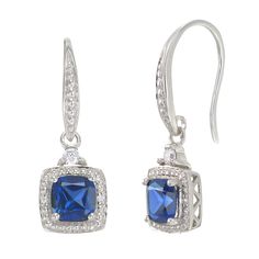 Hanging cushion cut sapphire drop earrings are encrusted with sparkling accents for pure elegance and Vintage style glamour. The French wire design adds just the right touch. #KarinaAriana #jewelry #earrings #Vintage #sapphire #sterlingsilver #Christmaspresent Elegant Sapphire Earrings With Sparkling Stones, Evening Jewelry With Halo Setting In Cubic Zirconia, Evening Jewelry With Halo Setting And Cubic Zirconia, Formal Cubic Zirconia Jewelry With Ear Wire, Halo Setting Cubic Zirconia Jewelry For Evening, Elegant Square Cut Earrings For Anniversary, Elegant Sapphire Earrings For Evening, Halo Design Drop Earrings For Evening, Elegant Square Cut Earrings With Prong Setting