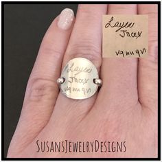 "This ring is made with a 3/4\" disc engraved with handwriting supplied by you! Disc has been shaped to resemble a saddle style ring. Wire has been added to make up the band of the ring and the edge of disc has been hammered to add a neat texture. This ring is super comfortable to wear and I love mine! The example pictures show handwriting from a buyer's 3 children where they have each written their name. I can fit up to 3 names max., with the shortest name being in the middle due to space const Adjustable Hand Stamped Engraved Ring, Saddle Ring, Handwriting Jewelry, Ring Wire, Hand Writing, Custom Ring, Ring Rose Gold, Initial Jewelry, Rose Gold Jewelry