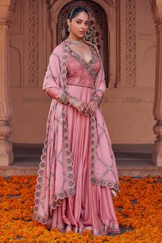 Soft pink fine silk padded anarkali with attached can-can, Mughal floral pattern yoke, dori, pot, sequin, cut dana, metal, cotton thread intricate embroidered yoke and sleeves. Paired with scalloped embroidered dupatta. - Aza Fashions Kurta With Dupatta, Anarkali With Dupatta, Embroidered Anarkali, Silk Kurta, Dupatta Set, Can Can, Tassel Fringe, Embroidered Silk, Cotton Thread