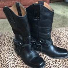 Urban Black Boots - Never Worn Leather Upper Black Wide Calf Moto Boots With Snip Toe, Casual Black Snip Toe Mid-calf Boots, Black Western Boots With Buckle Closure, Black Leather Mid-calf Moto Boots, Casual Snip Toe Boots With Buckle Closure, Western Black Moto Boots With Buckle Closure, Square Toe Boots, Moto Boots, Black Boots