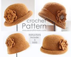 crochet hat with flower on the brim and two pictures of different views