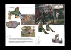 an open book with pictures of people and things in it, including a playground structure