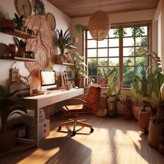 a home office with lots of potted plants