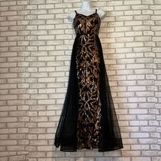 Gorgeous Black And Gold Sequin Tuile Gown Glamorous Black Holiday Maxi Dress, Black Fitted Maxi Dress For Holiday, Holiday Black Fitted Maxi Dress, Fitted Black Maxi Dress For Holidays, Black Maxi Dress For Gala Holiday, Black Sequined Maxi Length Gown, Black Sequined Maxi Gown, Fitted Black Holiday Gown, Black Holiday Gown Floor-length