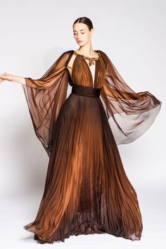 Her Trove - Beaded neckline fully pleated dress Autumn Court Aesthetic Dress, Brown Medieval Dress, Dorne Dress, Dornish Dress, Dornish Fashion, Greek Fashion Modern, Brown Formal Dress, Long Brown Dress, Long Sleeve Ideas