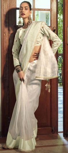 White and Off White color Saree in Organza Silk, Silk fabric with Lace, Stone, Zari work Kora Silk Sarees, Full Sleeve Blouse, Raw Silk Saree, Plain Saree, Organza Saree, Organza Fabric, Traditional Sarees, Matching Accessories, Off White Color