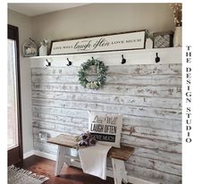 a wooden bench sitting in front of a wall with two signs above it that says gorgeous diy farmhouse furniture and decor ideas for a rustic country home