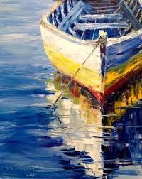 a painting of a boat in the water with its reflection on the water's surface