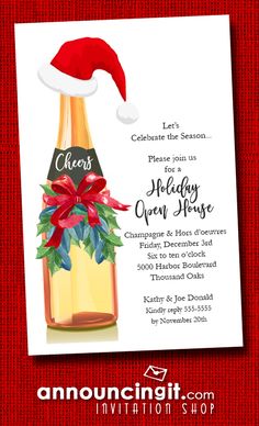 an open house christmas party flyer with a wine bottle and santa's hat on it