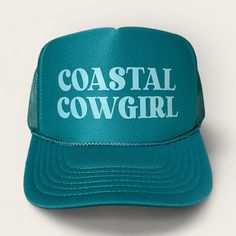 Capture the spirit of the coast with this Coastal Cowgirl Trucker Hat and show off your beach-side and country style! With its perfect blend of vacation vibes, this hat is ideal for summer lakeside getaways, resort trips, and boat cruises. Yee-haw! White or Jade trucker hat with light blue matte ink Beach Side, Vacation Vibes, Yee Haw, Coastal Cowgirl, The Coast, Cruises, Country Style, The Spirit, Favorite Things